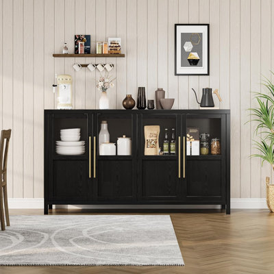 55" Sideboard Buffet Cabinet with 4 Glass Doors, Modern Farmhouse Storage Cabinet Table for Kitchen Dining Room, Living Room