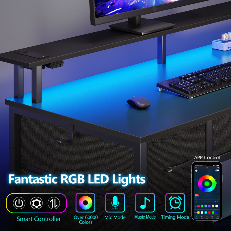 Linze Computer Desk w/ Monitor Shelf, RGB LED Lights, USB Ports & Drawers, 35.20"H x 55.10"W x 18.50"D, Black