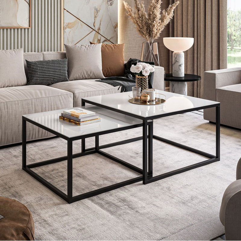Whitinsville 2 Piece Coffee Table, Black, 45cm H x 70cm W x 70cm D, White
