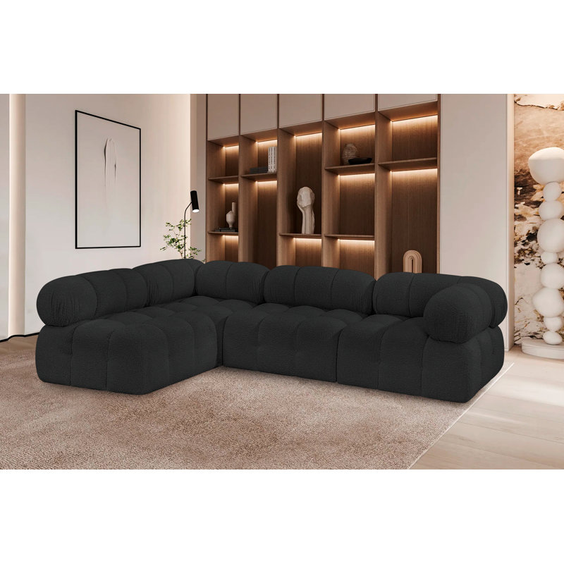 Ames Upholstered Sofa, Black Boucle Fabric, 2 Armless, 2 Corner