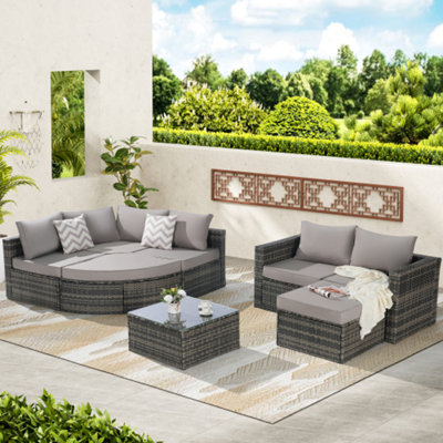 Ensemble de canapé d'extérieur 8 pièces, ensemble de conversation modulaire en forme de L en osier avec repose-pieds courbé et table en verre pour la piscine