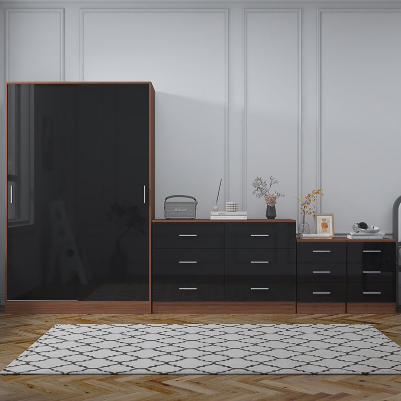 Eva Piece Bedroom Set, Black Gloss / Walnut