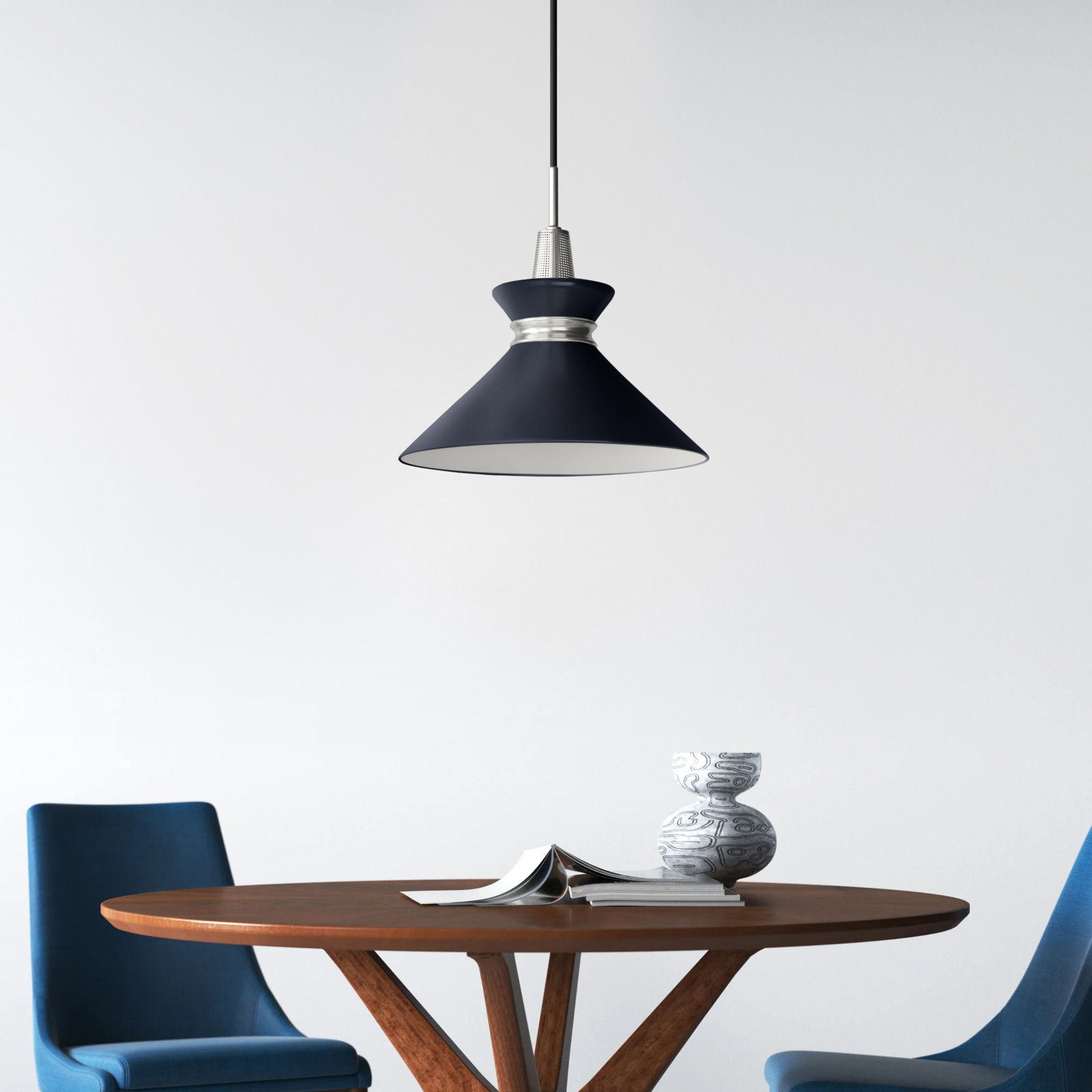 Corby Single Light Metal Pendant, Polished Nickel, Navy, 15.25" H x 18" W x 18" D