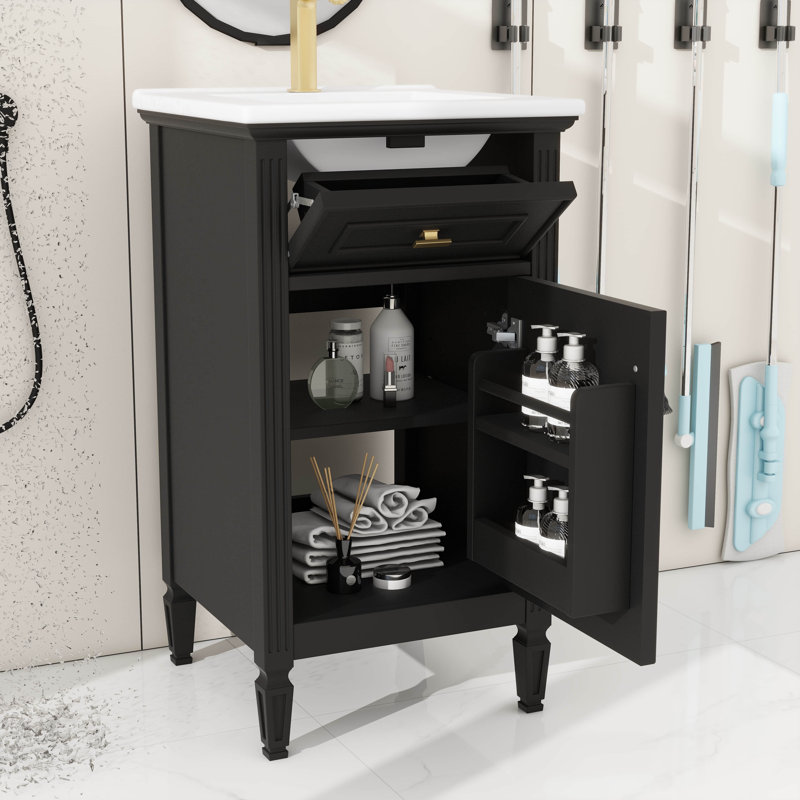 Meuble-lavabo de 20 pouces avec lavabo - tiroir inclinable, pieds en bois massif, tablette réglable - armoire autoportante moderne pour petite salle de bain, boutons en alliage de zinc