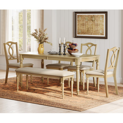 6 Piece Dining Table Set - Includes One Dining Table, One Upholstered Bench, Four Wood Dining Chairs, Farmhouse Dining Set, Oak