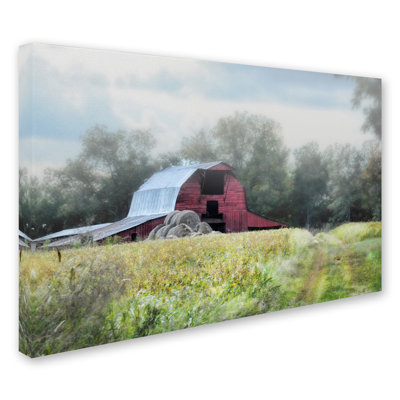 'Red Barn in the Fog' Photographic Print on Wrapped Canvas