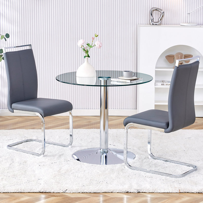 Ensemble de table et de chaises: table de salle à manger ronde en verre de 35 po avec base argentée et 2 chaises de pub gris foncé, pieds en métal