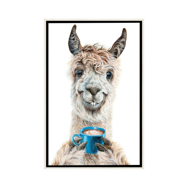 «Llama Latte» par Holly Surant - reproduction d'art, H 26 po x l 18 po x 1,5 po, Toile encadrée flottante blanc vieilli