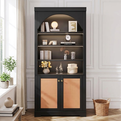 70.8" H Modern Bookcase with Led Lights Rattan Doors and Adjustable Shelves