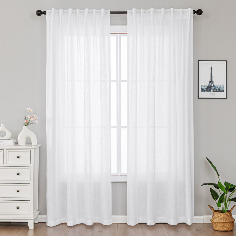 Toyoko Linen Blend Semi-Sheer Back Tab Curtains, White, 60" W x 84" L
