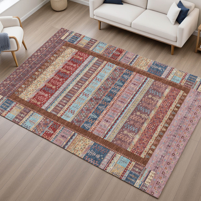 Premium Machine Washable Mayfield AMF2160 Striped Rug, Red, Rectangle 5' x 7'6"