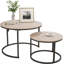Ensemble de 2 tables de bout rondes industrielles pour le salon, tables d'appoint empilables, assemblage robuste et facile, meubles d'appoint aspect bois avec structure en métal, noir et chêne teck