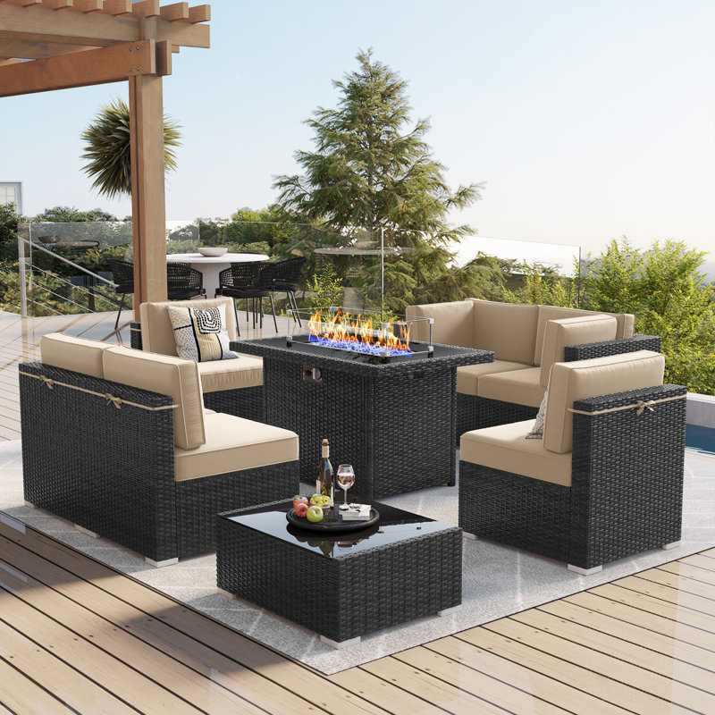  8 Piece Patio Furniture Set with 44" Propane Gas Fire Pit Table, Outdoor Sectional Conversation Set Wicker Rattan Sofa Set with Coffee Table