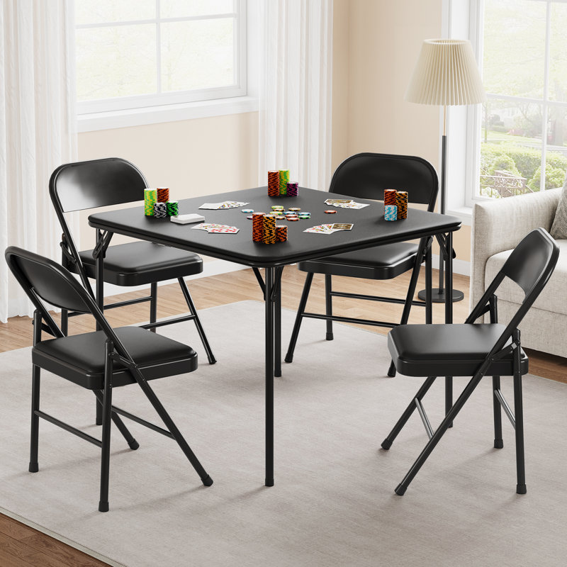 Folding Table, 33.6-Inch Portable Square Folding Card Table,  Metal Folding Table With Pu Soft Cushion 4 Chairs, Black