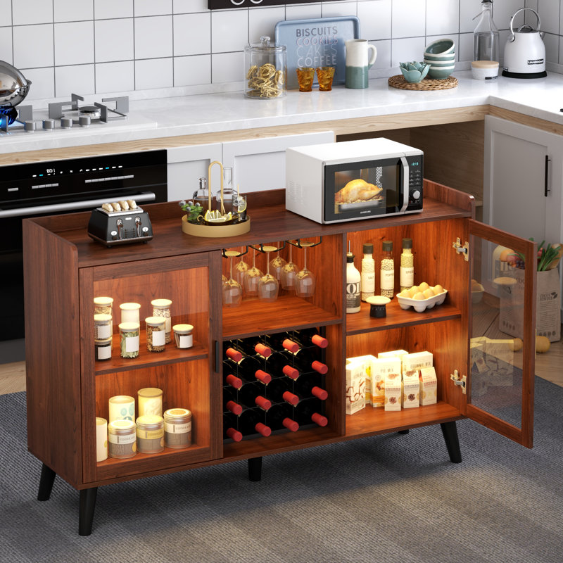 Brown Wood Wine Bar Cabinet with LED Light and Storage