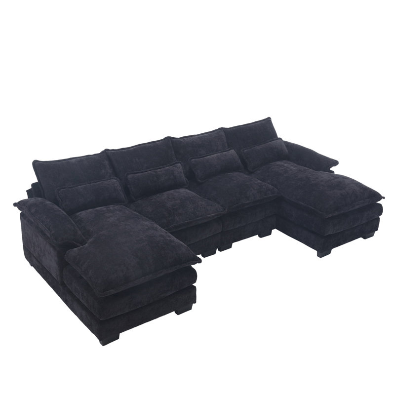 Luxueux canapé surdimensionné à quatre places en forme de U avec des matériaux de qualité supérieure, Chenille noir