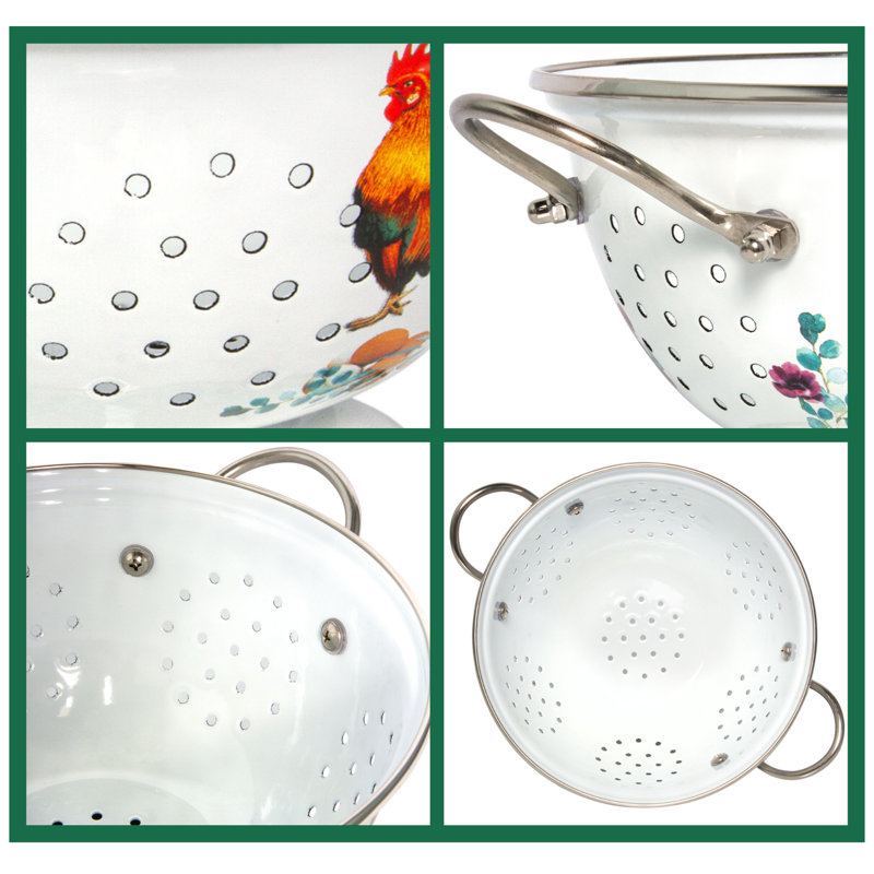 Colander with Vintage Country Style Pattern Enamel Belly Deep Stock Pot with Glass Lid