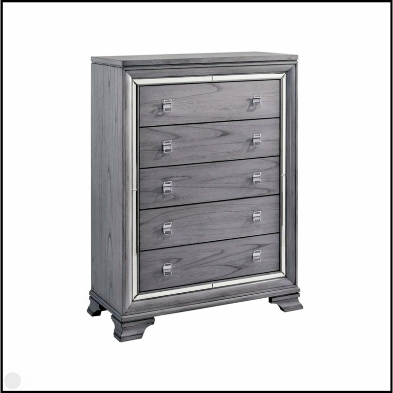 Commode de style contemporain avec cinq tiroirs en queue d'aronde, glissières à roulement à billes, garniture de miroir et finition gris clair