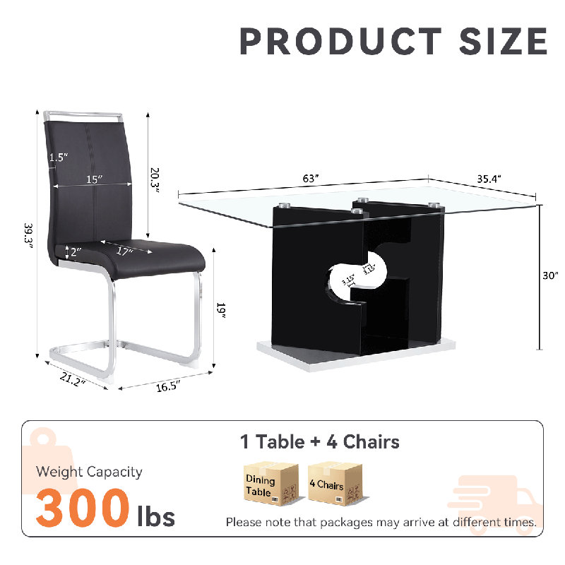 63"  Dining Table Set, Glass Dining Room Table Set with Open-Frame Legs and PU Leather Chairs, Black