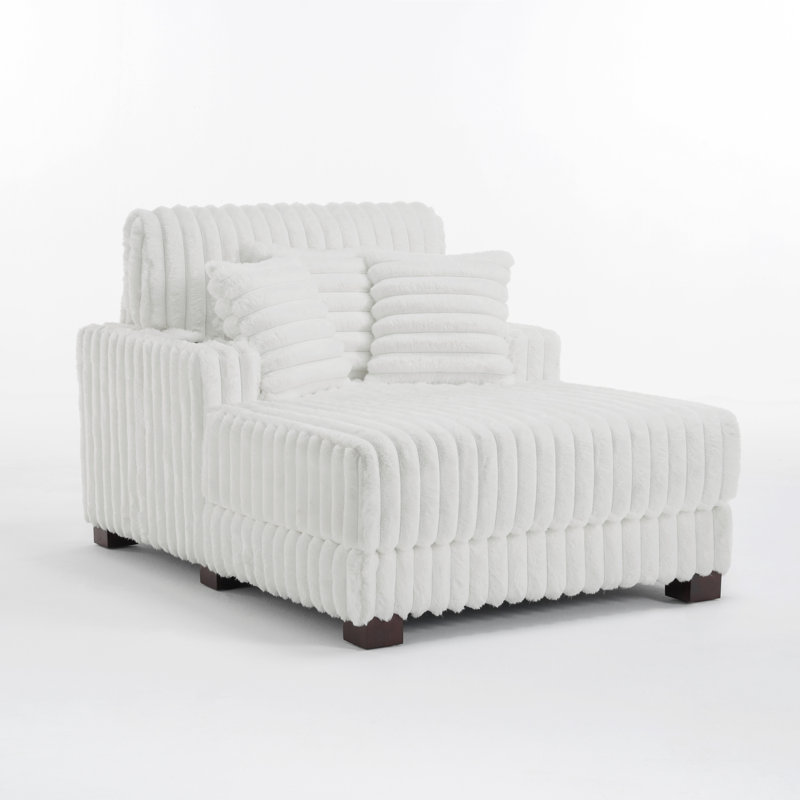 Upholstered Beige Faux Fur Chaise Lounge Sofa Bed Couch with Cup Holder and Throw Pillows, Beige