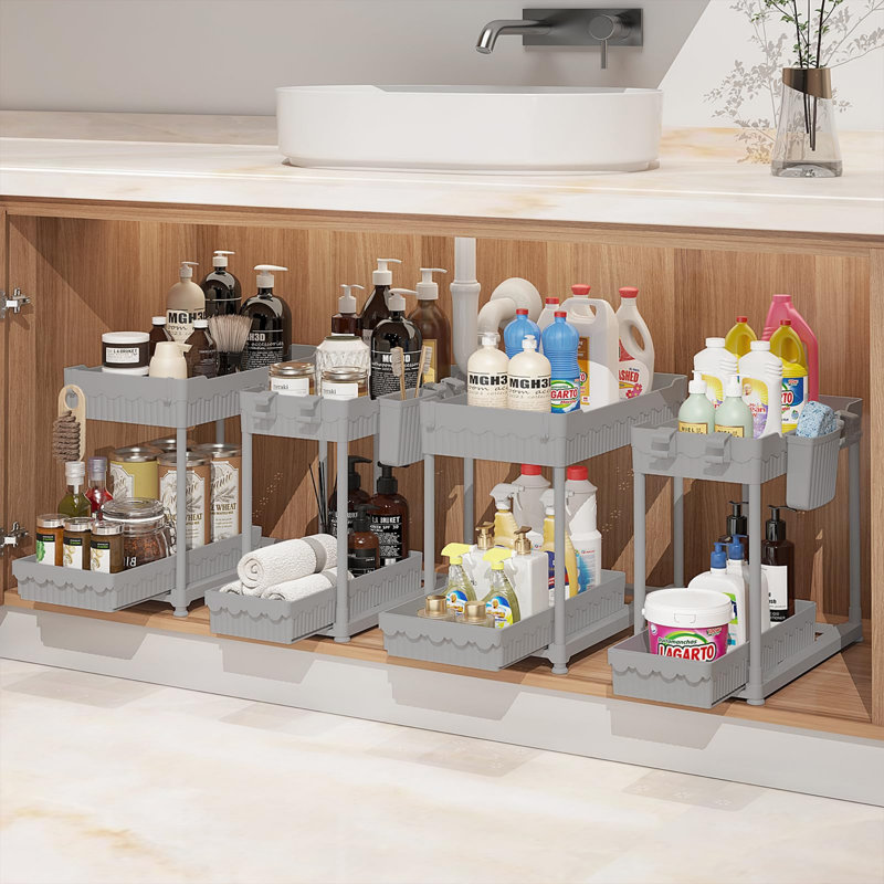 4-Pack Adjustable Pull-Out Organizer With Hooks & Cups, 2-Tier Under Sink Storage, Gray