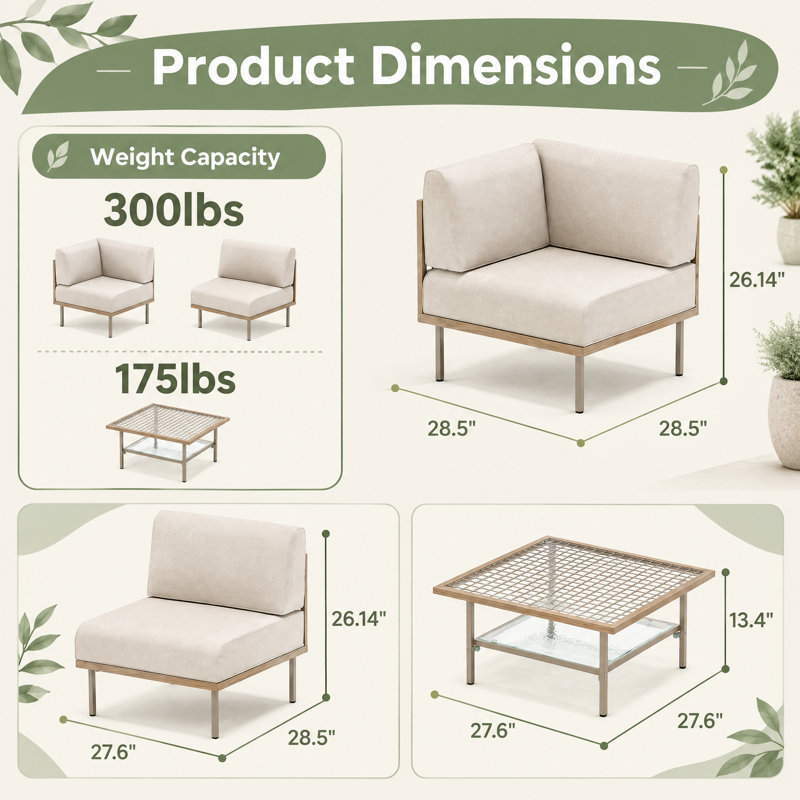 Ensemble de canapé modulaire en osier avec coussins profonds et table basse Reconfigurable, Beige