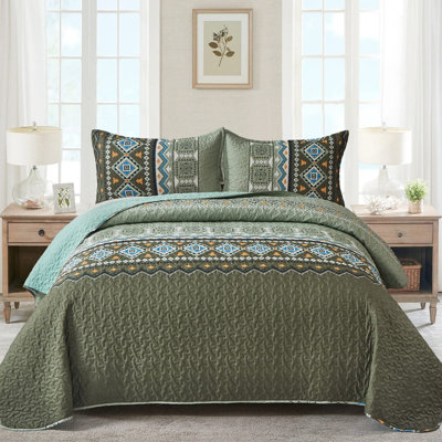 3 Pieces Boho Geometry Printed Quilt Set Soft Bohemian All-Season Bedding Coverlet Set