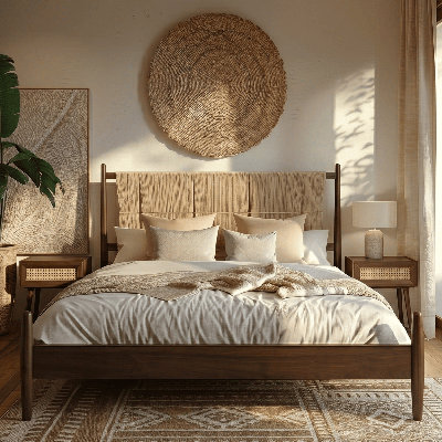 NTC Marenzo Queen Platform Bed with Handwoven Headboard – American Walnut Veneer, Solid American Walnut Legs, Artisan Craftsmanship, Silent Slats, Effortless Assembly, Queen – Dark Walnut 