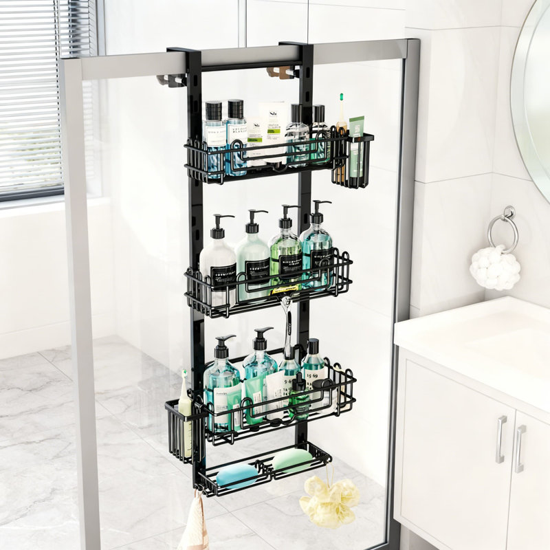 4-Tier Over-The-Door Hanging Shower Caddy With 22 Hooks And Toothbrush Holders - Adjustable, Rustproof Stainless Steel, Black
