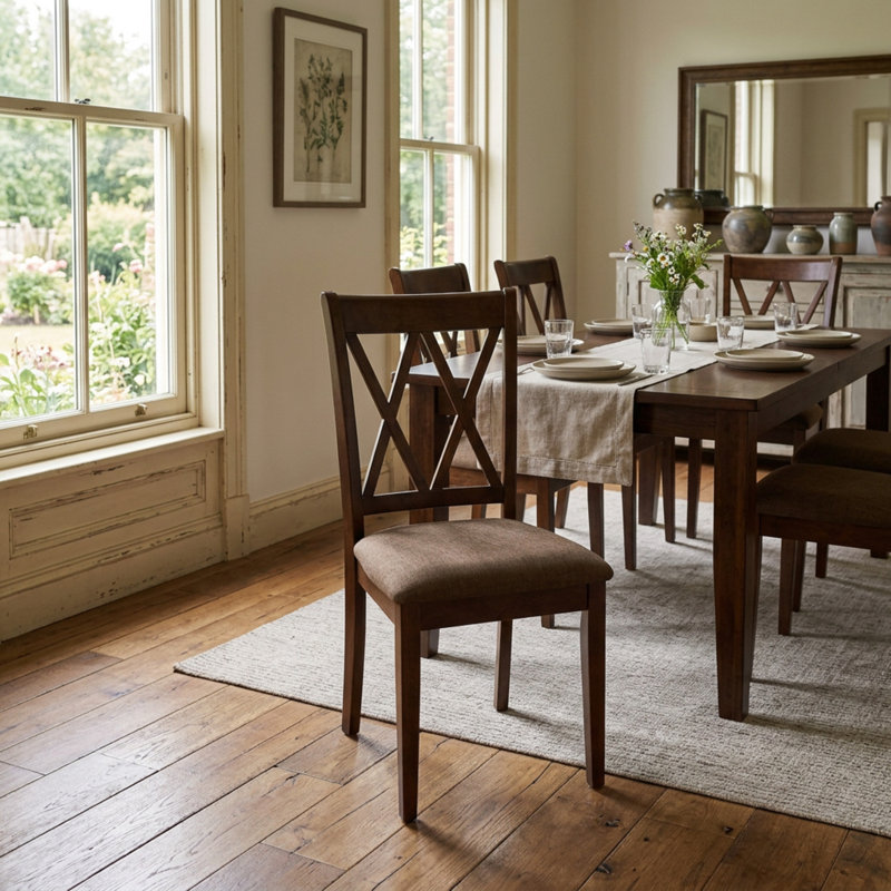 Ensemble de salle à manger rectangulaire 5 pièces en bois dur asiatique acajou avec motif de feuille papillon et 4 chaises de cuisine en lin.
