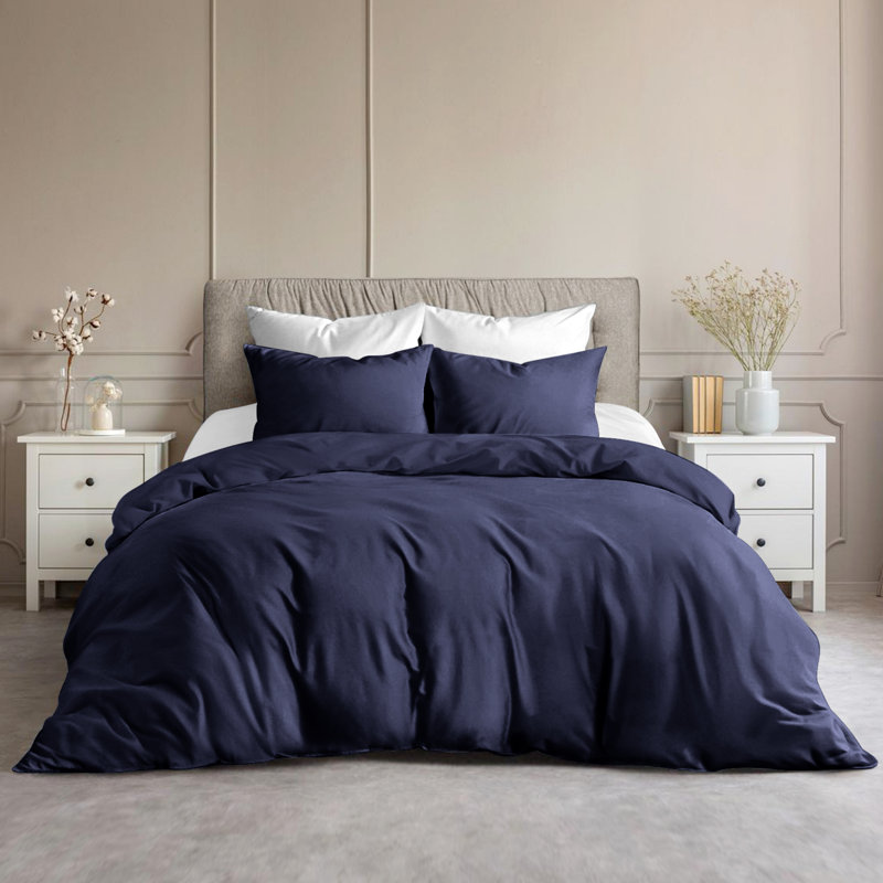 Plain Microfibre Reversible Contemporary Luxury Quilt Duvet Cover with Pillow Cases, Navy