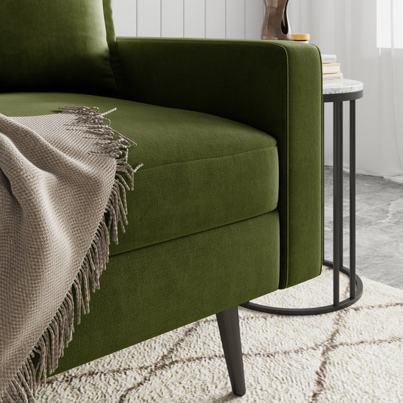 70" Velvet Square Arm Sofa, Olive Green Velvet, Black