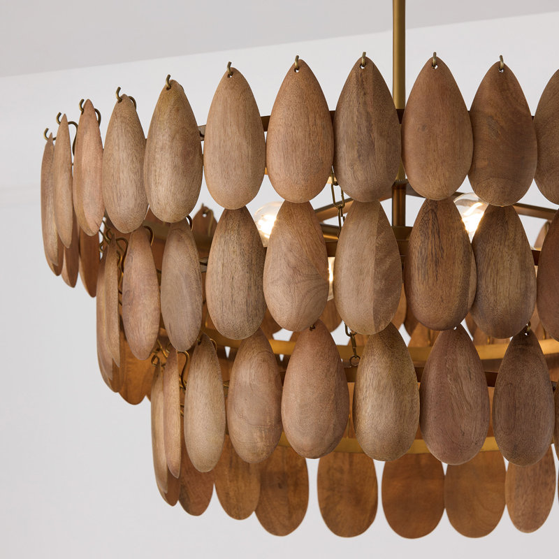 24.5" W x 8.75" H 4-Light Pendant in Hand-distressed Patinaed Brass and Handcrafted Mango Wood