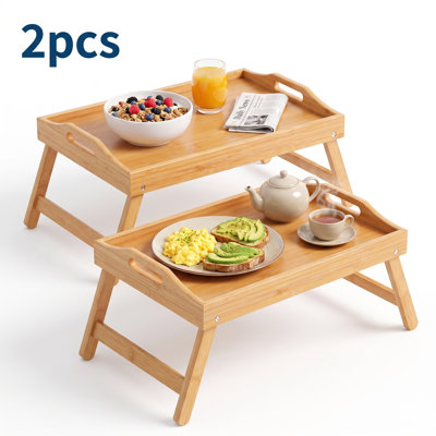Ensemble de 2 tables-plateaux en bambou avec pieds pliables, plateau de service naturel et noir avec poignées découpées, L 15,75 po x l 11,81 po x H 8,46 po, plateau de petit-déjeuner portable pour le lit, le canapé, manger, travailler et lire