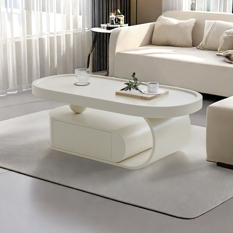 Modern simple oval shaped coffee table, White, 16.5" H x 51.2" L x 27.6" W, White