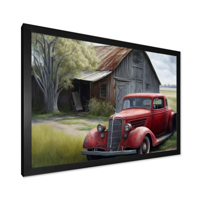 Red Car By Barn - Print on Canvas