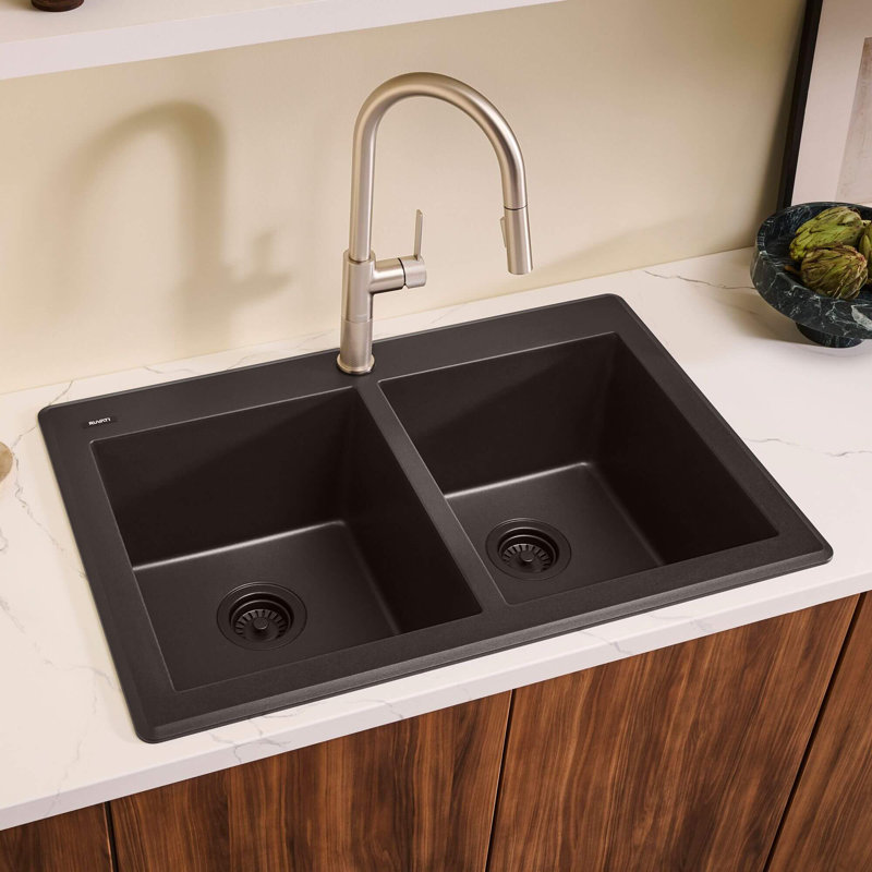 33" L x 22" W Double Basin Dual Mount Kitchen Sink, Midnight Black