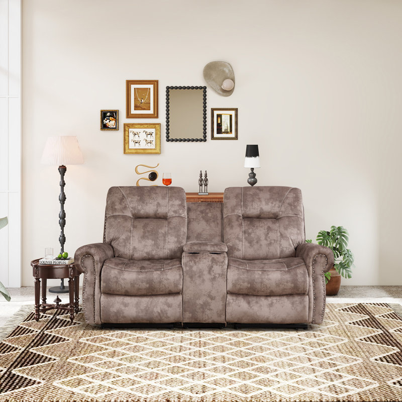 Causeuse inclinable manuelle en microfibre de 76,77 po de largeur avec console centrale et garniture cloutée, Café aspect usé
