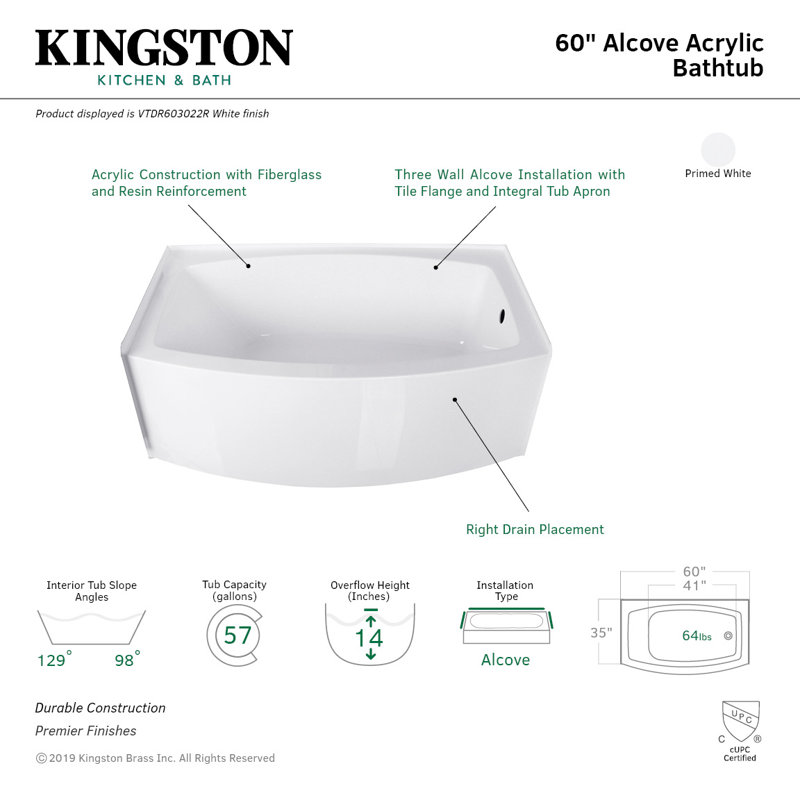 Aqua Eden 60-Inch White Acrylic Curved Apron Alcove Tub