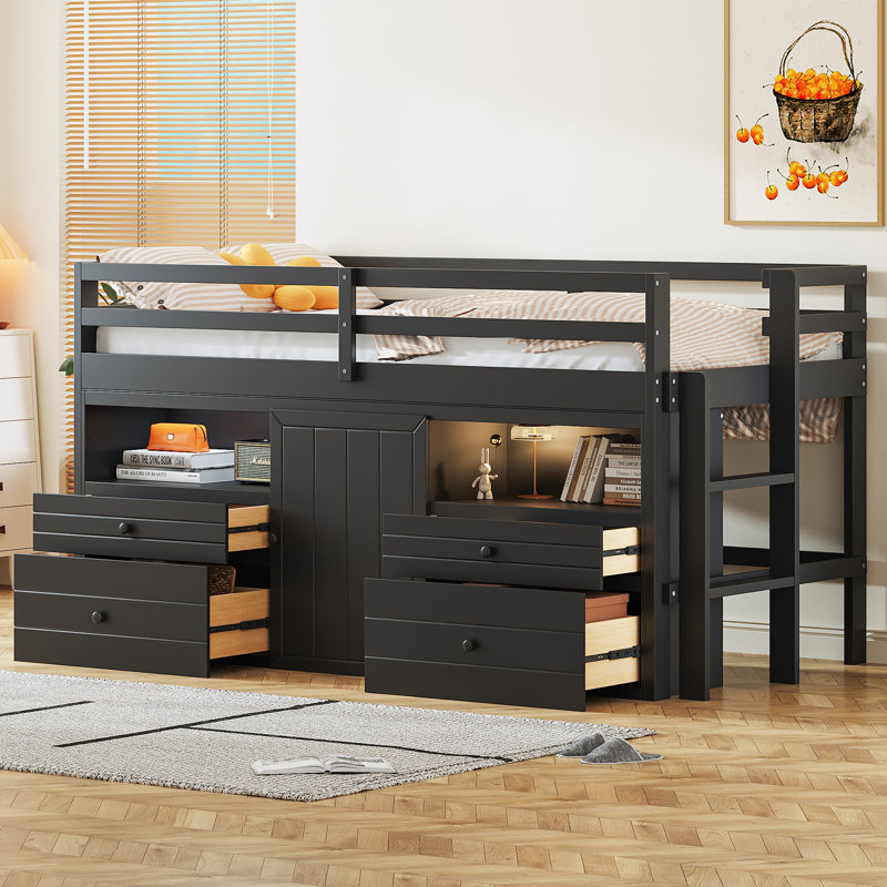 Ilsefriede Kids Twin Loft Bed with Drawers, Espresso