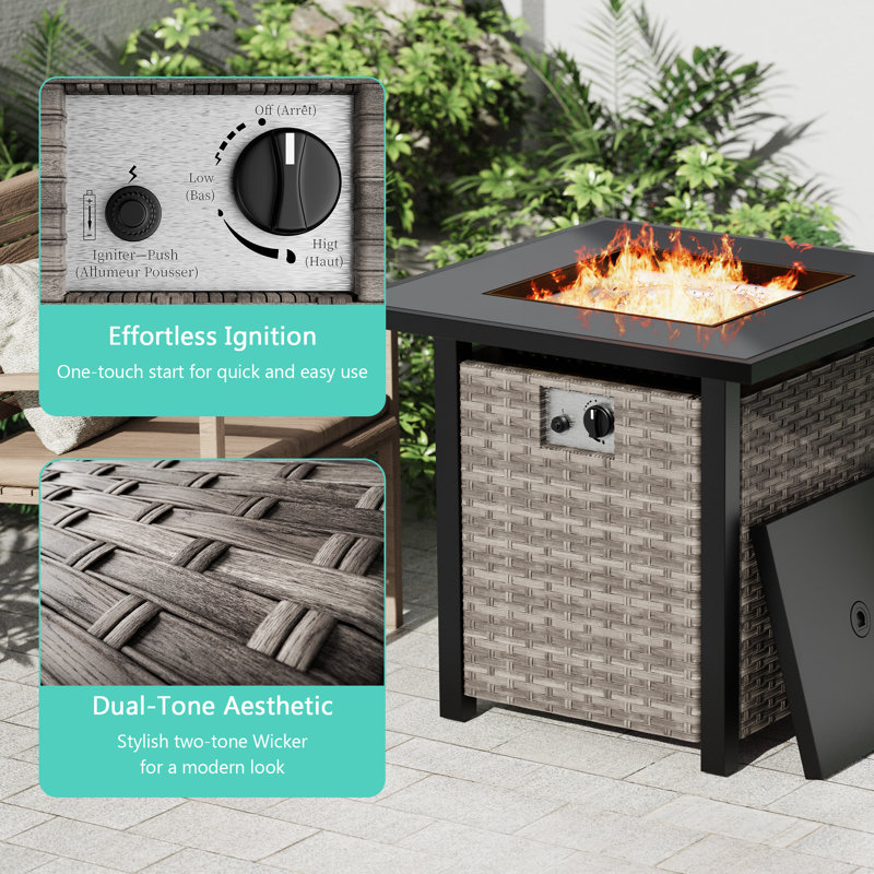 28 Inch Square Outdoor Propane Gas Fire Pit Table, Gray