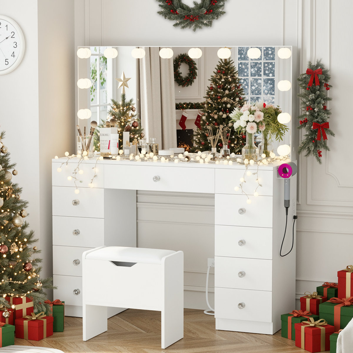 Greyden Vanity With 11 Drawers & Lighting Bulbs, Storage Stool & 10X Magnifying Mirror