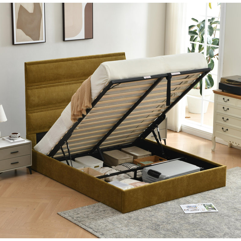 Upholstered Hydraulic Lift-Up Storage Bed with High Headboard, Olive, Queen
