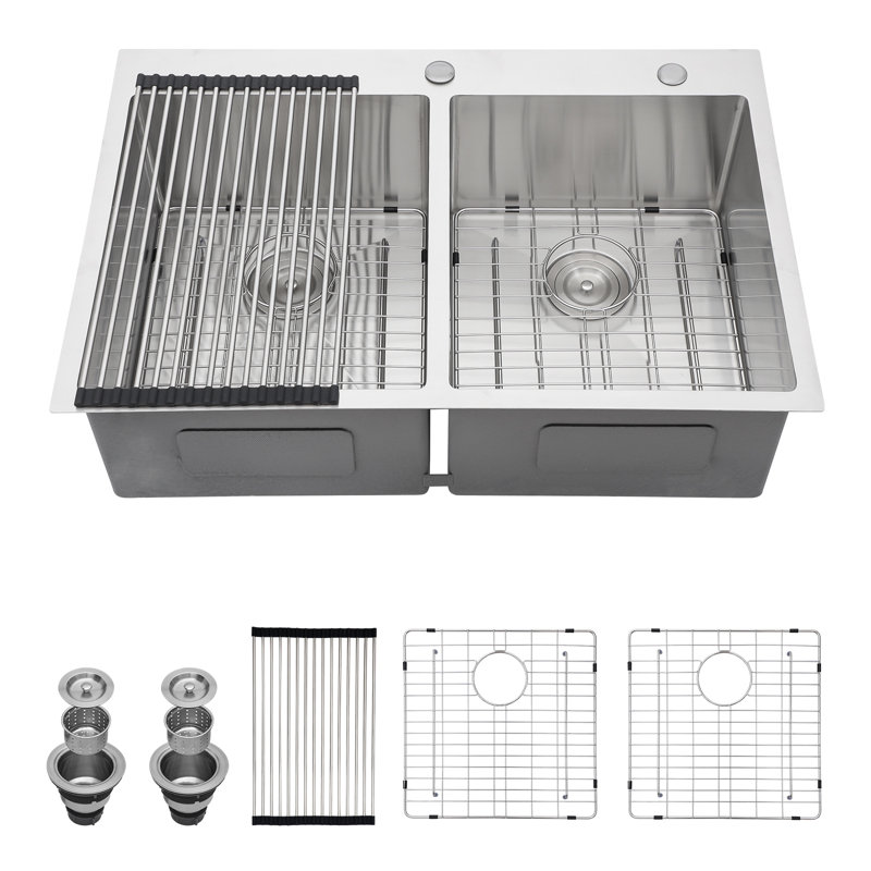 33" W x 22" L Drop-in Stainless Steel Kitchen Sink, 50/50 Double Bowl 16-Gauge Stainless Steel Sink with Sink Grid, Strainer and Roll-up Rack
