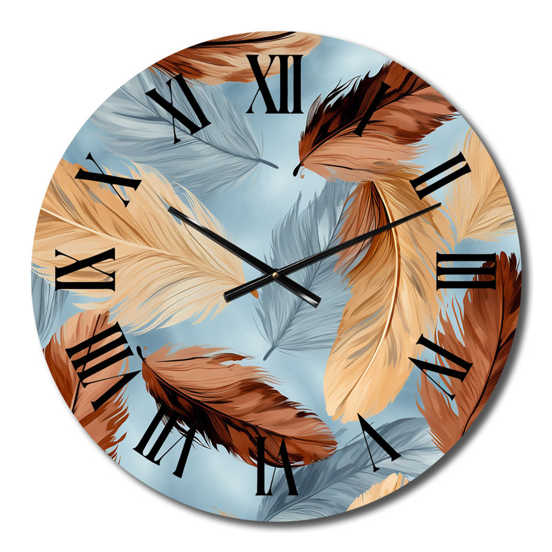 Horloge murale rétro à motif de plumes de bohème bleu et orange II, Petit
