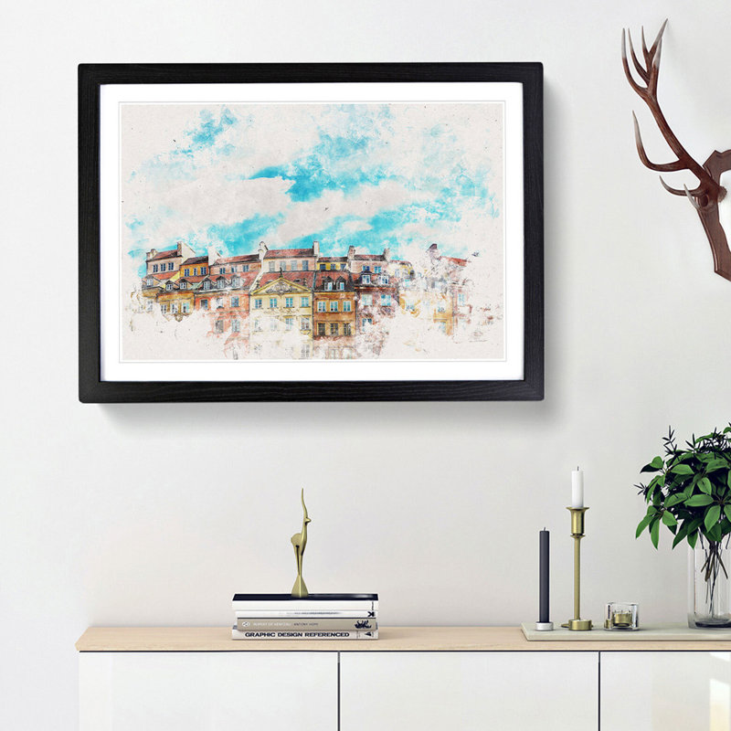Warsaw Old Town In Poland Watercolour - Picture Frame Graphic Art, Black, 33cm H x 45cm W x 2cm D