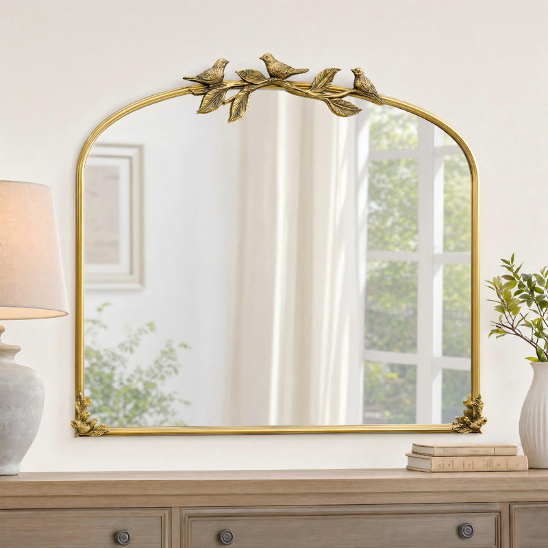 Miroir mural arqué en métal 22 po x l 36 po avec oiseaux et branches en fer pour chambre à coucher, vestibule et salon