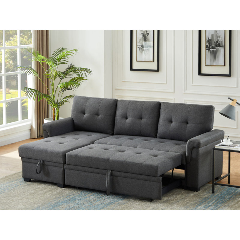 Lucca 84"W Dark Gray Linen Reversible Sleeper Sectional Sofa With Storage Chaise, Dark Gray Linen