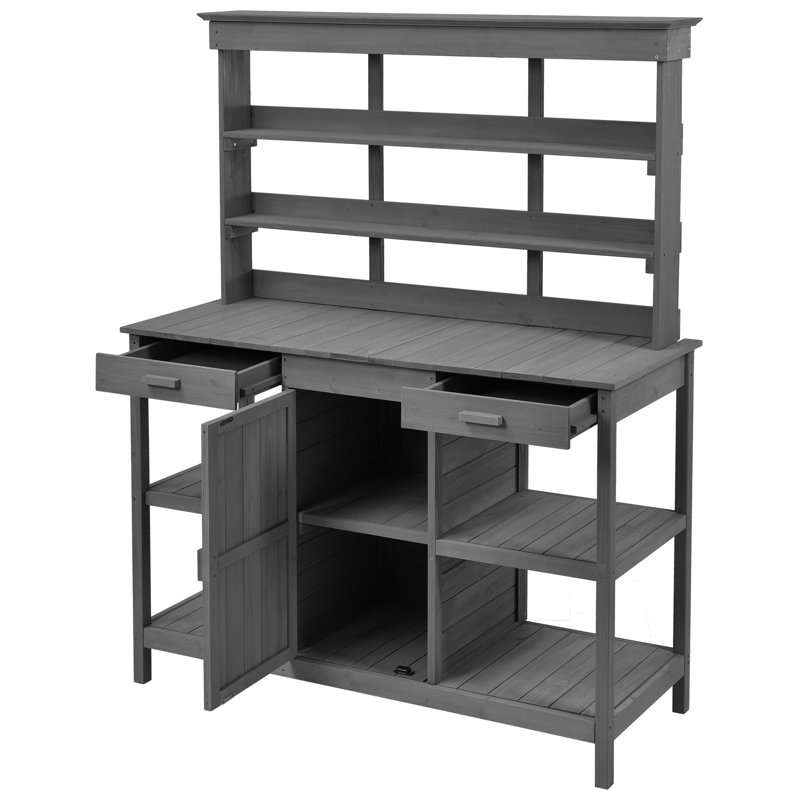 Table de jardin 66 po avec 2 tiroirs, armoire et tablettes ouvertes Farmhouse, Gris