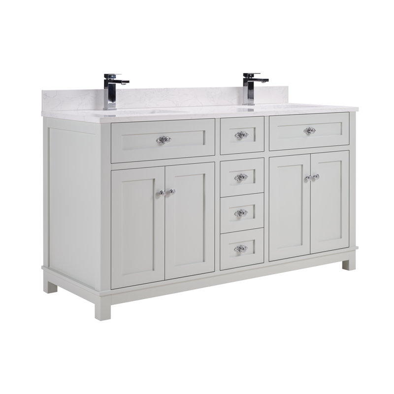 60" Solid Wood Bathroom Vanity with Engineered Stone Top, Double Sink, Polished Chrome, Silver Strand